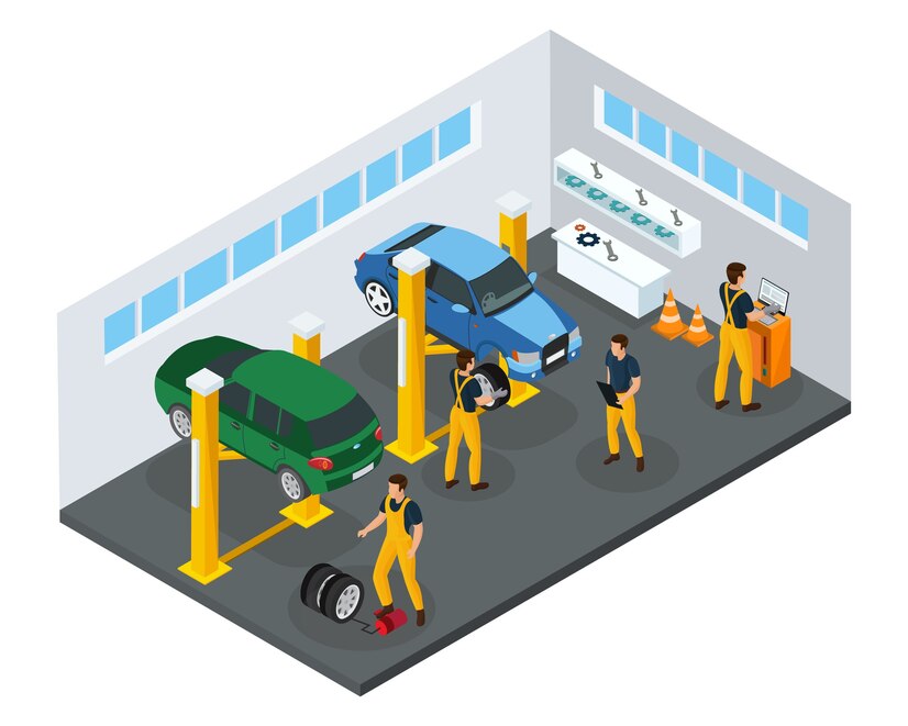 isometric car repair service template with professional workers uniform changing tires garage isolated 1284 38974