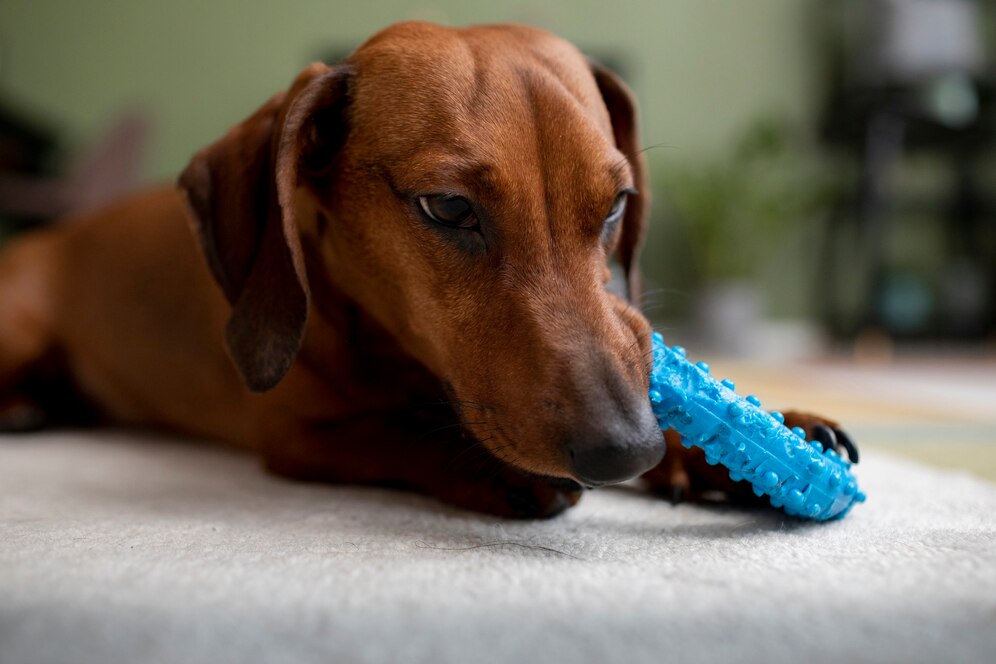 close up beautiful dachshund dog with chewing toy 23 2149202560